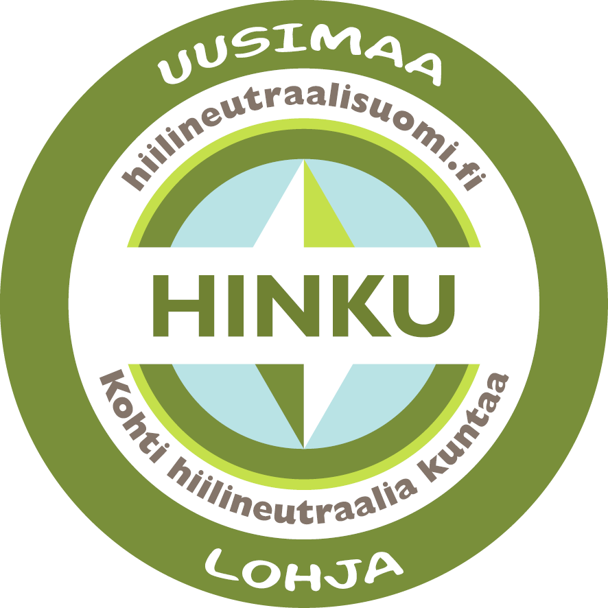 Hinku-logo, jossa tekstit Uusimaa, Lohja, Kohti hiilineutraalia kuntaa, hiilineutraalisuomi.fi ja Hinku